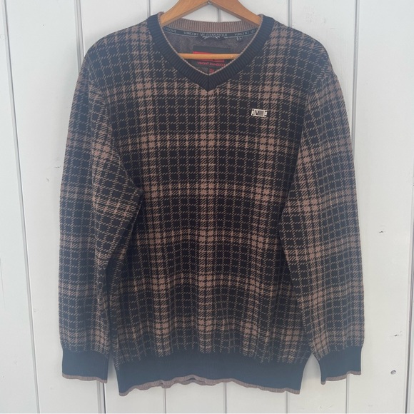 Vincent d’Amerique Men’s Sweater V-neck Checked Plaid Brown Black Size XXL - Picture 1 of 5